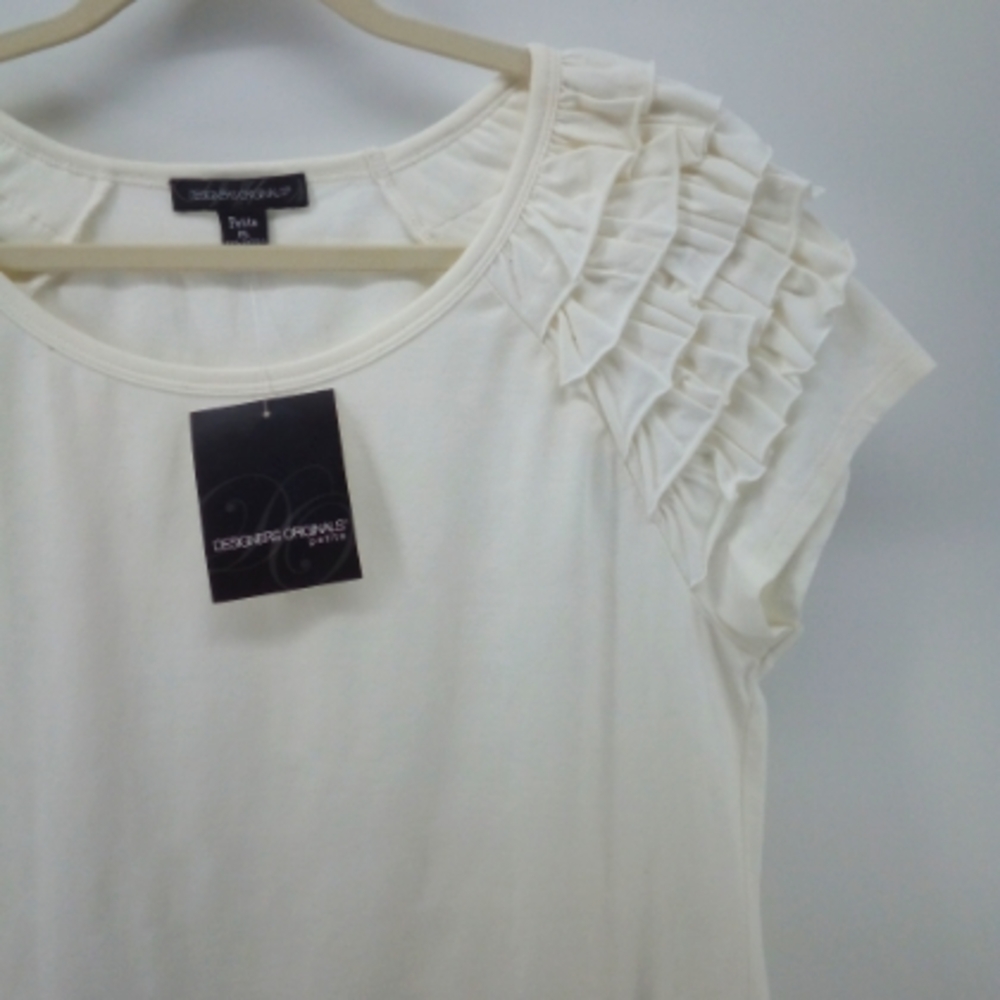 NWT Early 2000s Y2K Ruffle Sleeve White Cotton Spandex Top Petite PL